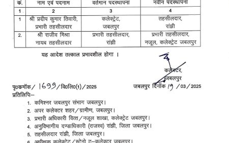 Jabalpur News: प्रभारी तहसीलदार प्रदीप  तिवारी को रांझी और प्रभारी तहसीलदार राजीव मिश्रा को कलेक्ट्रेट कार्यालय में पदस्थ