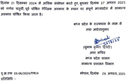 Jabalpur News: 27 अगस्त को अवकाश घोषित