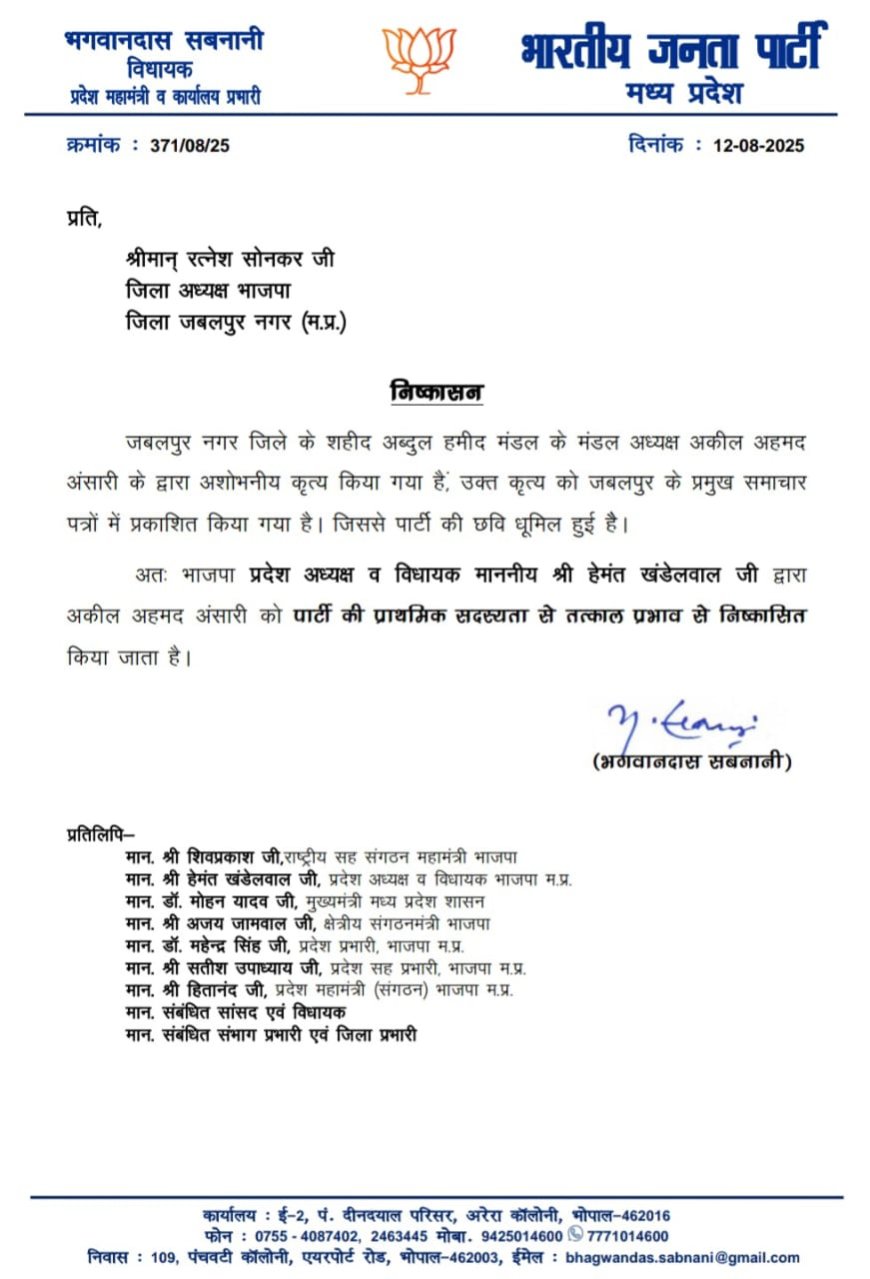 Jabalpur News: मंडल अध्यक्ष अकील अहमद अंसारी भाजपा से निष्काषित