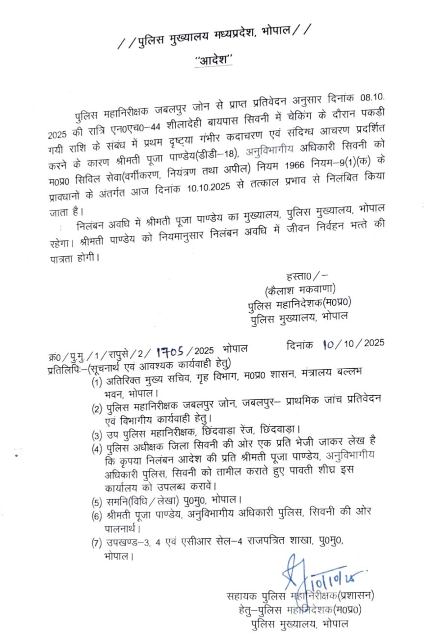 Jabalpur News: हवाला के पैसे की बंदरबांट करने के मामले में एसडीओपी पूजा पांडे निलंबित