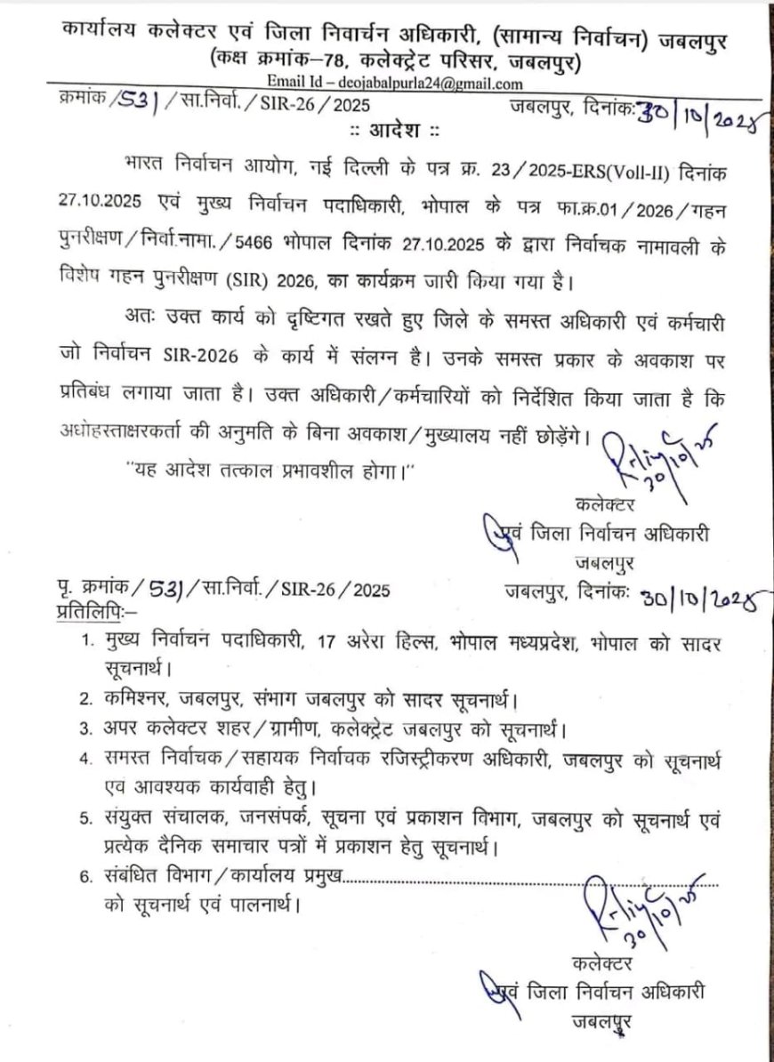 Jabalpur News: एसआईआर में संलग्न अधिकारियों-कर्मचारियों के अवकाश पर लगा प्रतिबंध