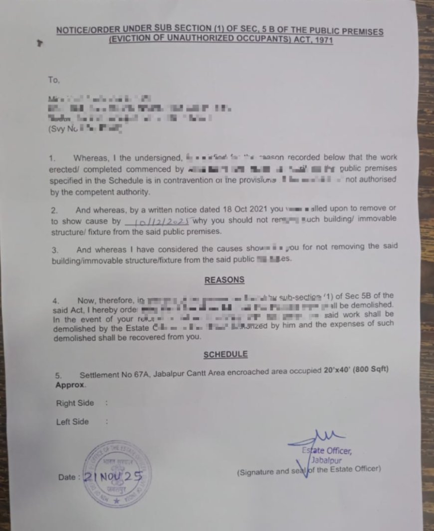 Jabalpur Cantt News: राजीव गांधी नंगर के 120 परिवारों को बेदखली का नोटिस, 10 दिसंबर तक की मोहलत, नहीं तो चलेगा बुल्डोजर