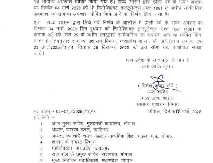 Jabalpur News: राज्य सरकार ने किया संशोधन,अब होली की छुट्टी 4 मार्च को