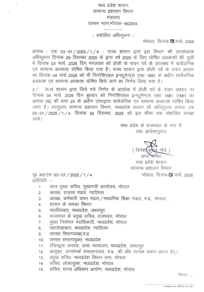 Jabalpur News: राज्य सरकार ने किया संशोधन,अब होली की छुट्टी 4 मार्च को