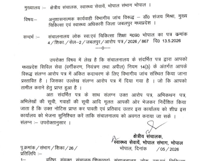 Jabalpur News: पूर्व सीएमएचओ डॉ. संजय मिश्रा के खिलाफ आरोप तय, विभागीय जांच तेज...15 दिनों में मांगा जवाब