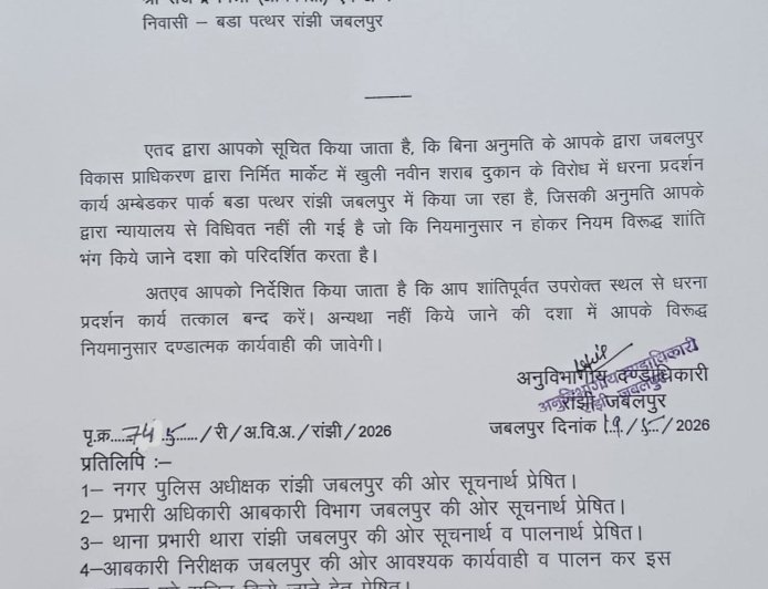 Jabalpur News: रांझी में शराब दुकान का विरोध करने वालों पर प्रशासन ने कसा शिकंजा, तत्काल प्रदर्शन बंद करने के निर्देश