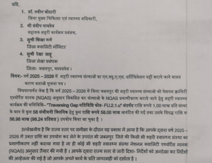 Jabalpur News: स्वास्थ्य विभाग में 56.98 लाख का गोलमाल, सीएमएचओ सहित चार अधिकारियों पर लटकी रिकवरी की तलवार, एनएचएम ने जारी किया अल्टीमेटम