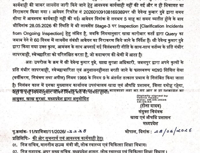 Jabalpur Breaking News:खाद्य सुरक्षा अधिकारी देवेन्द्र कुमार दुबे निलंबित
