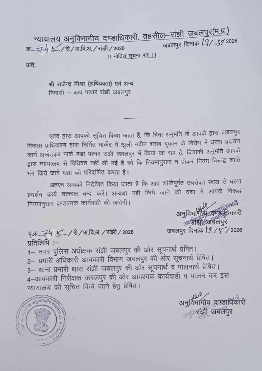 Jabalpur News: रांझी में शराब दुकान का विरोध करने वालों पर प्रशासन ने कसा शिकंजा, तत्काल प्रदर्शन बंद करने के निर्देश