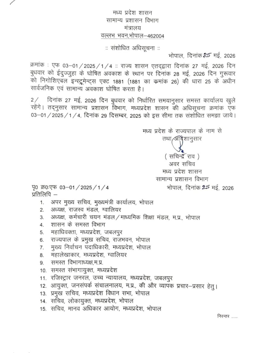 Jabalpur News: ईदुज्जुहा का अवकाश 28 मई को, बुधवार को खुलेंगे कार्यालय